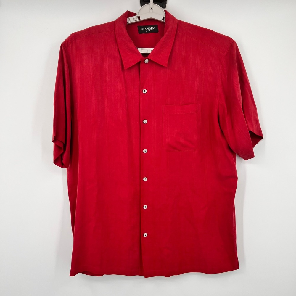 Brandini Mens Red 100% Pure Silk Short‎ Sleeve Button Down Camp Shirt Large
